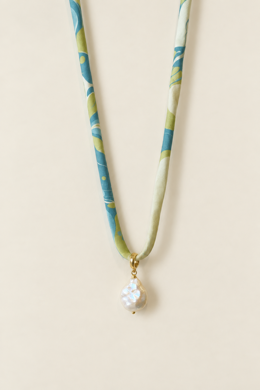 Aqua Blue, Chartreuse and Ivory silk tie necklace