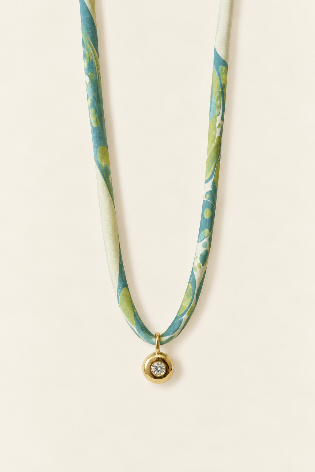 Aqua Blue, Chartreuse and Ivory silk tie necklace