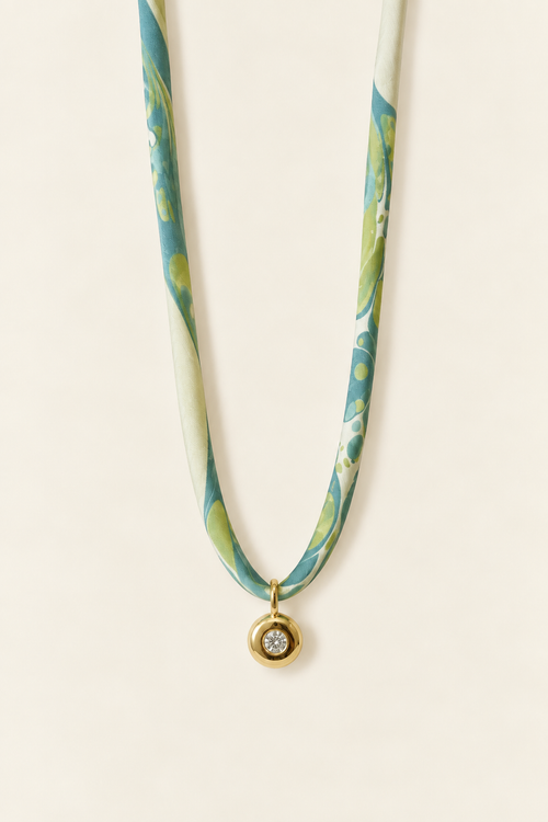 Aqua Blue, Chartreuse and Ivory silk tie necklace