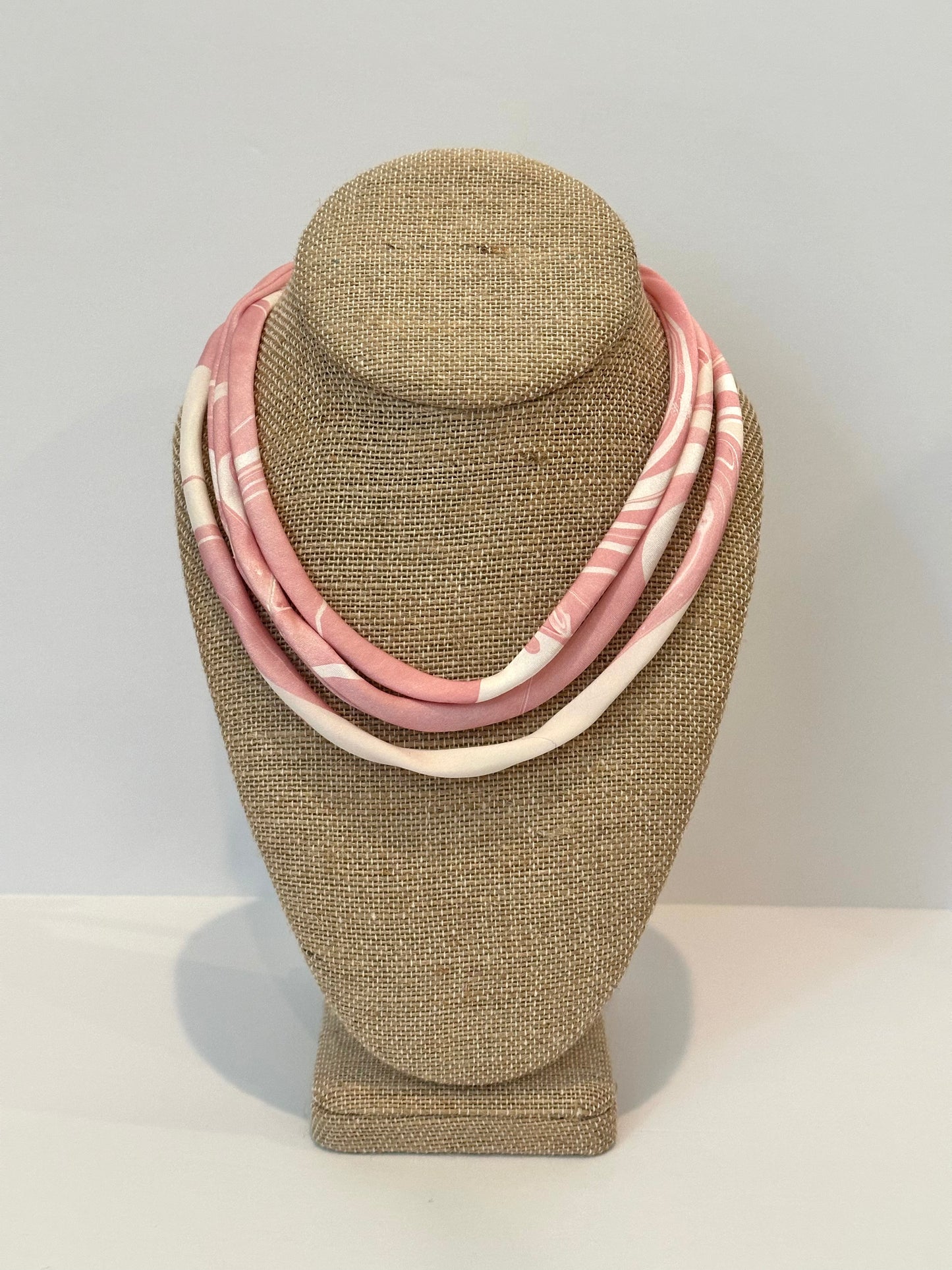 Pink and white silk tie necklace
