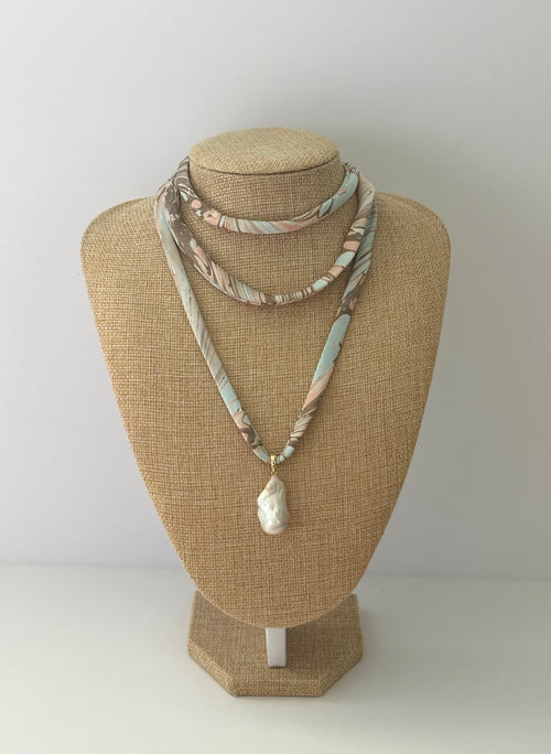 Light Blue and Peach silk tie necklace
