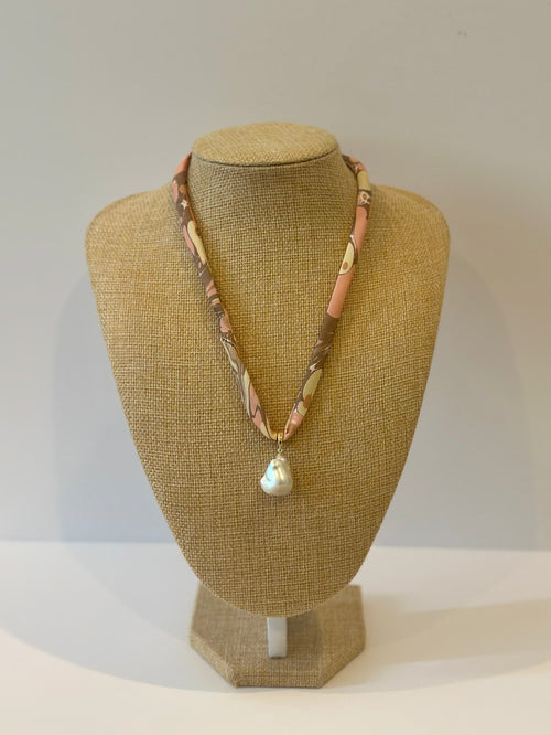 Pink, Brown and Cream silk tie necklace
