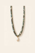 Green and Blue silk tie necklace with pearl charm
