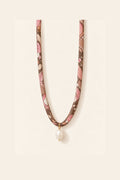 Pink, Brown and Cream silk tie necklace with pearl charm