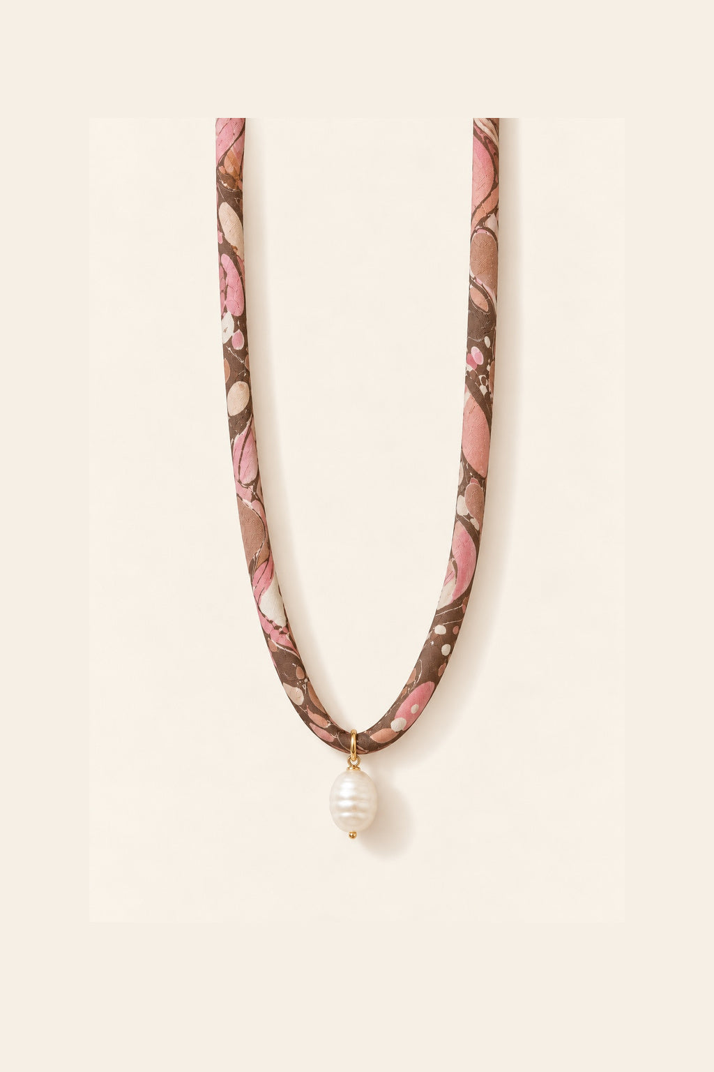 Pink, Brown and Cream silk tie necklace with pearl charm