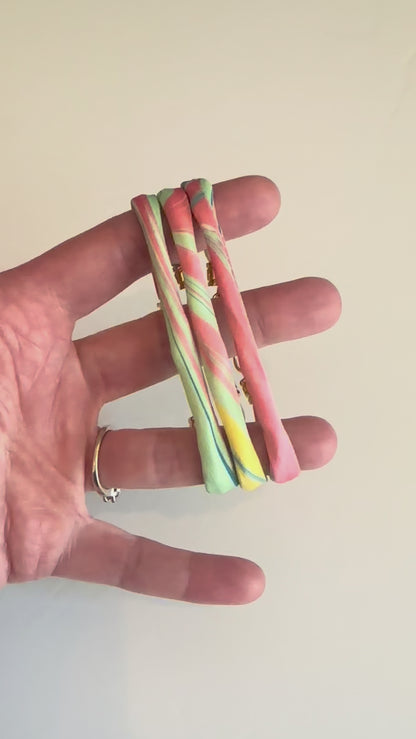Marbled silk bracelet, yellow, coral, and mint